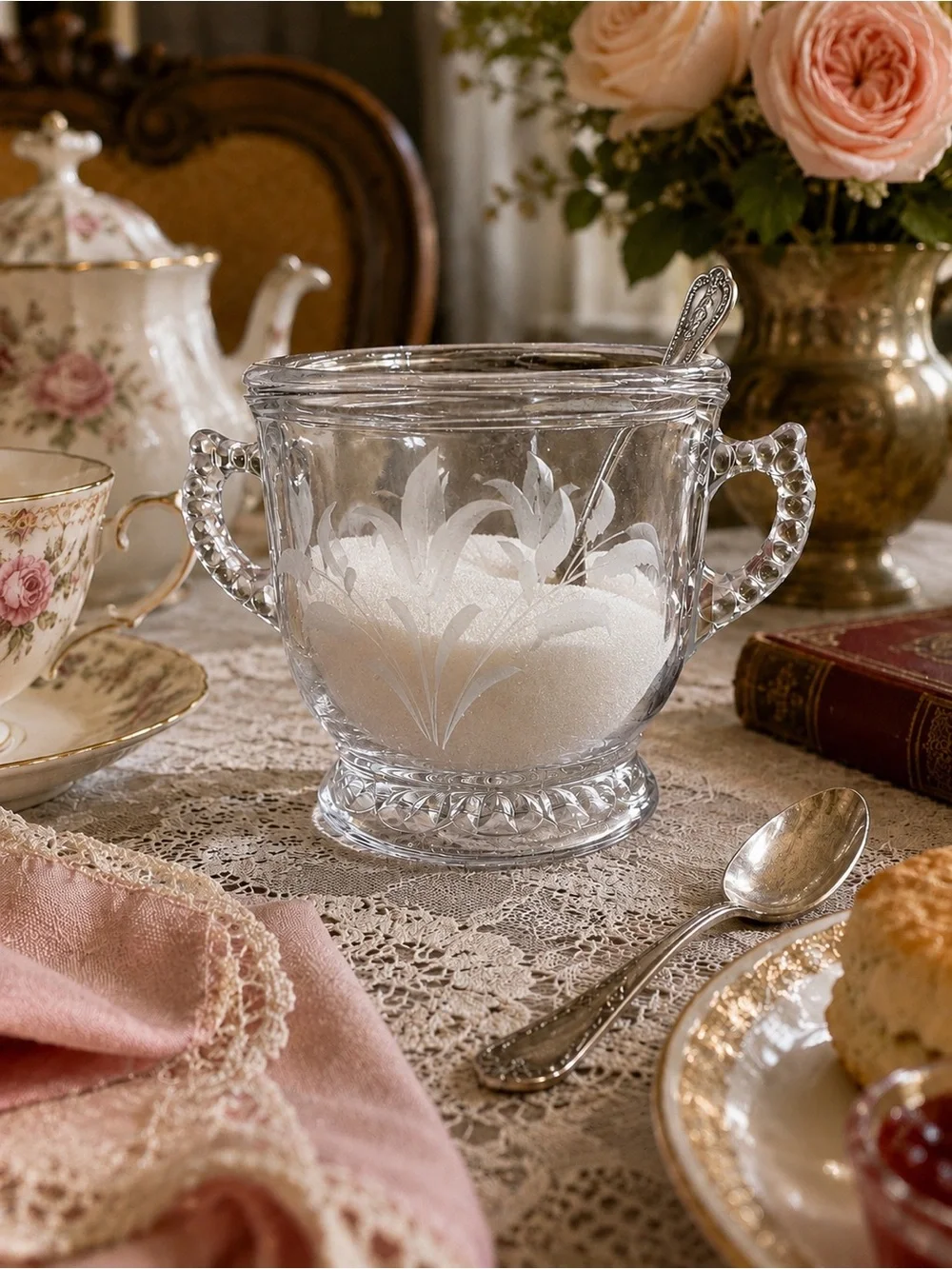 Vintage Etched Glass Double-Handle Sugar Bowl / Spoon Holder